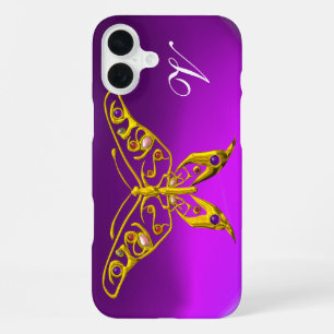 GOLD HYPER BUTTERFLY ,GEMSTONES, MONOGRAM Purple iPhone 16 Plus Case
