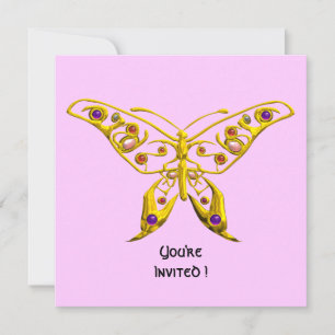 GOLD HYPER BUTTERFLY,GEMSTONES Pink Wedding Invite