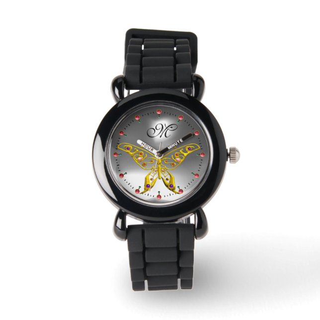 GOLD HYPER BUTTERFLY Grey Gemstone Monogram Watch (Front)