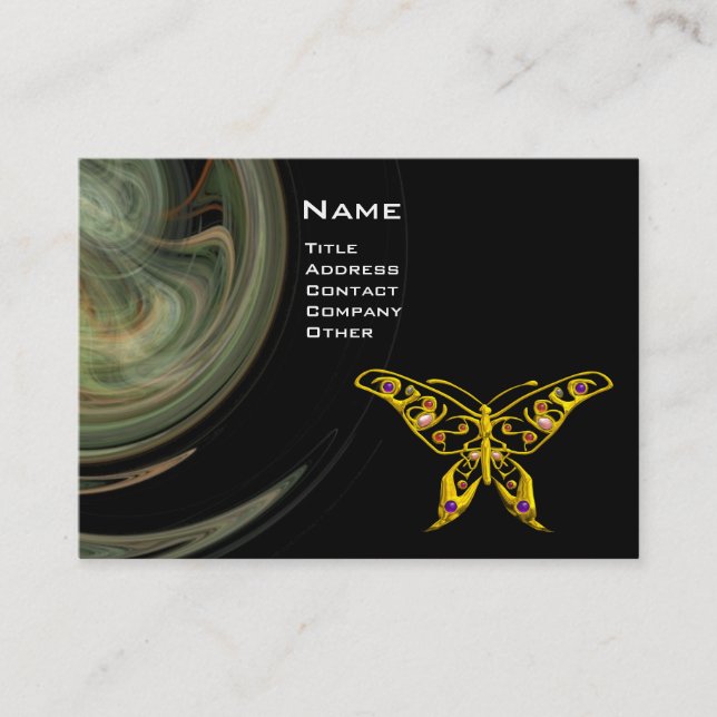 GOLD HYPER BUTTERFLY JEWEL Grey Black Fractal Wave Business Card (Front)