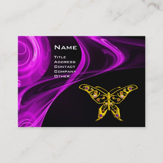GOLD HYPER BUTTERFLY JEWEL Purple Violet Black Business Card (Front)