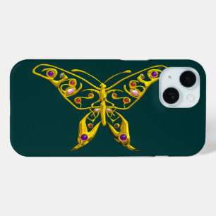 GOLD HYPER BUTTERFLY WITH GEMSTONES ,Green iPhone 15 Case