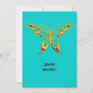 GOLD HYPER BUTTERFLY WITH GEMSTONES,Turquoise Blue Invitation