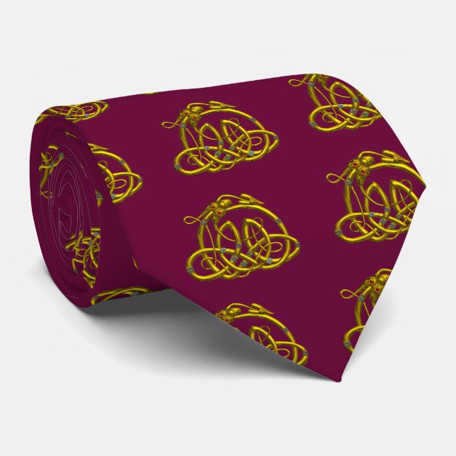 GOLD HYPER DRAGON WITH CELTIC KNOTS  ,Red Burgundy Tie (Rolled)