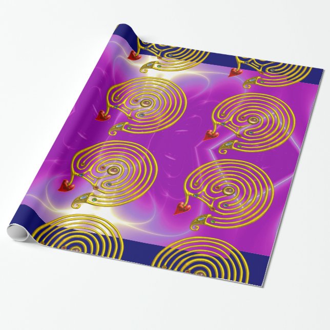 GOLD HYPER LABYRINTH / PINK FUCHSIA LIGHT WAVES WRAPPING PAPER (Unrolled)