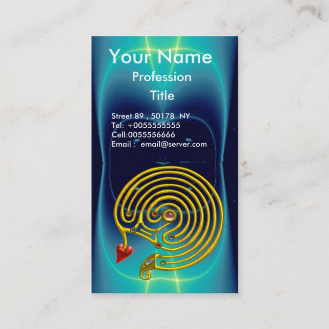 GOLD HYPER LABYRINTH / TEAL AQUA BLUE LIGHT WAVES BUSINESS CARD (Front)