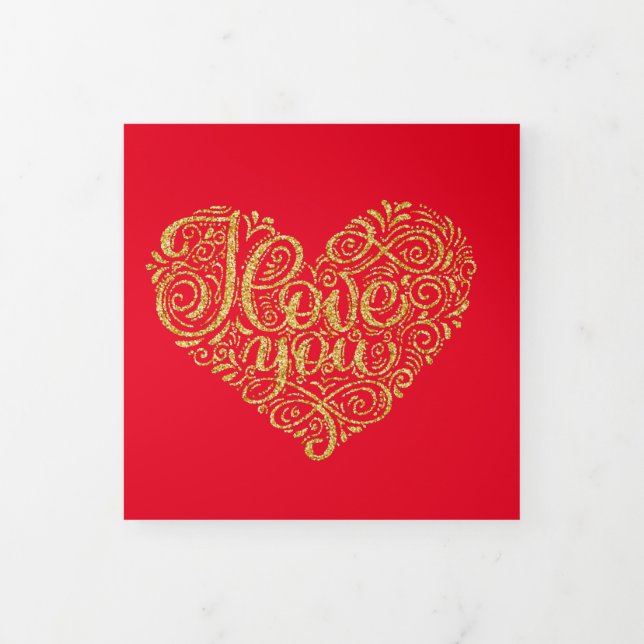 Gold I Love You Heart Together Forever Tri-Fold Card (Cover)