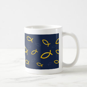Gold Ichthus Pattern on Navy Blue Background Coffee Mug