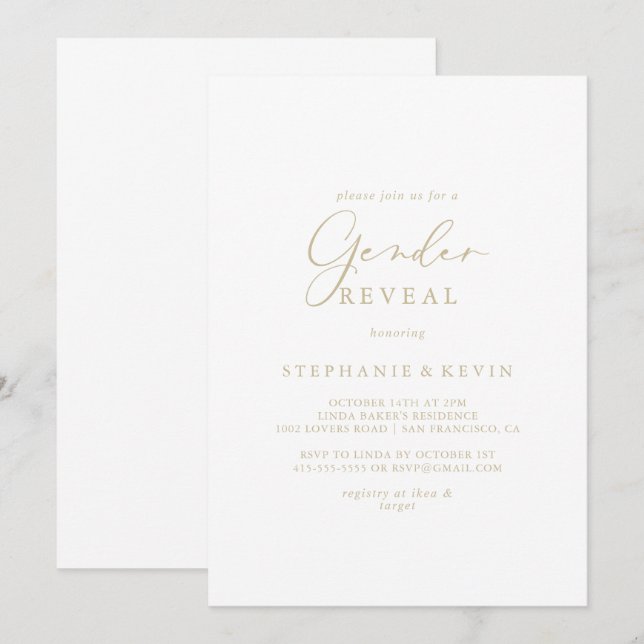Gold Idyllic Calligraphy Gender Reveal Party  Invitation (Front/Back)