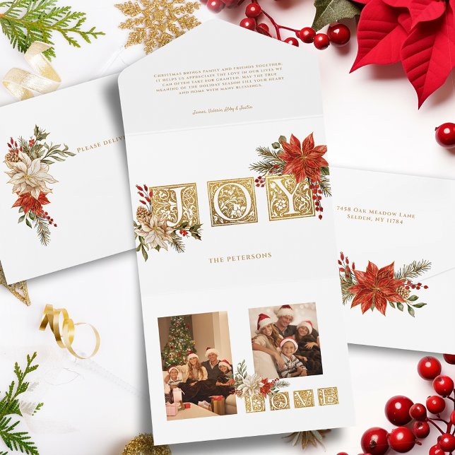 Gold Illuminated Joy Block Letters w/Poinsettias All In One Invitation (Creator Uploaded)