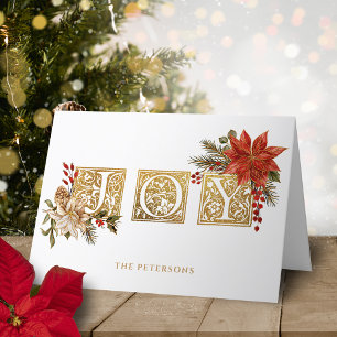Gold Illuminated Joy Block Letters w/Poinsettias Holiday Card