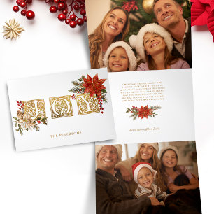 Gold Illuminated Joy Block Letters w/Poinsettias Tri-Fold Holiday Card