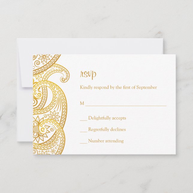 Gold Indian Paisley Hindu Wedding RSVP Card (Front)