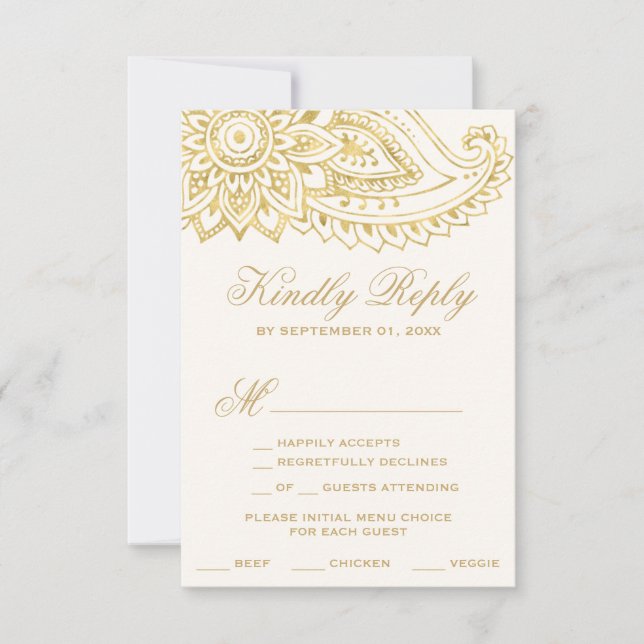 Gold Indian Paisley Menu Choice RSVP Card (Front)