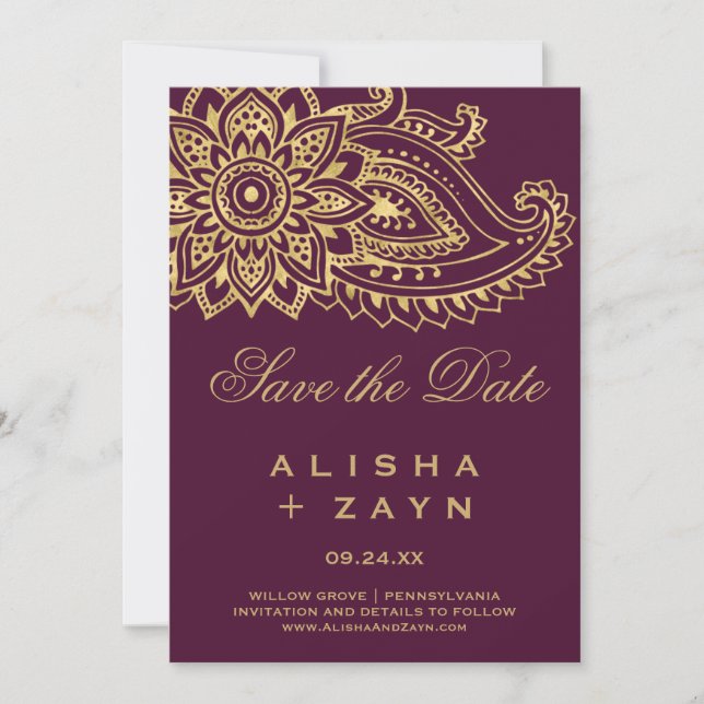Gold Indian Paisley Save the Date Card (Front)