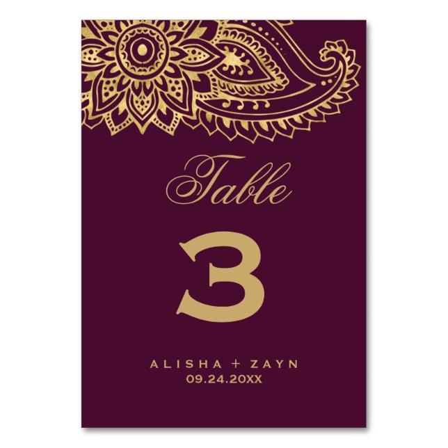 Gold Indian Paisley Table Number (Front)