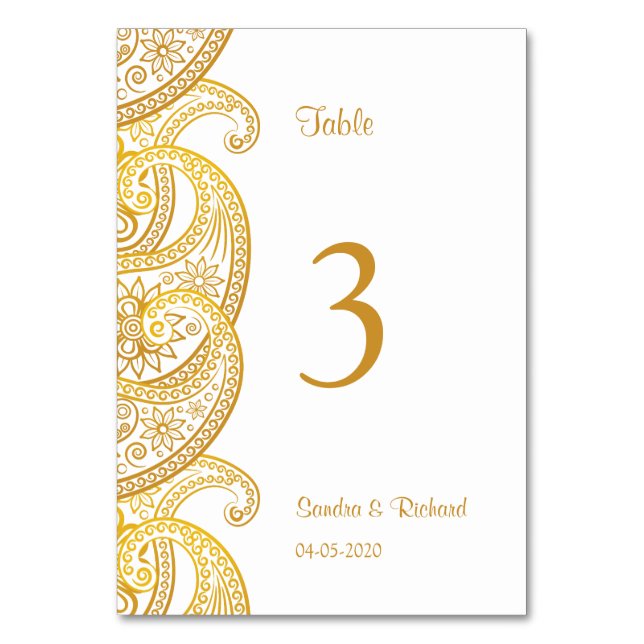 Gold Indian Paisley Traditional Hindu Wedding Table Number (Front)