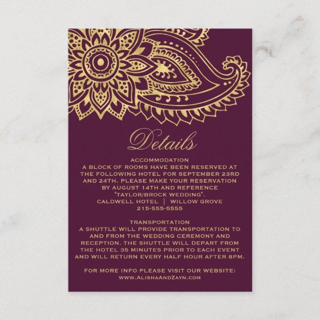 Gold Indian Paisley Wedding Details Insert Card (Front)