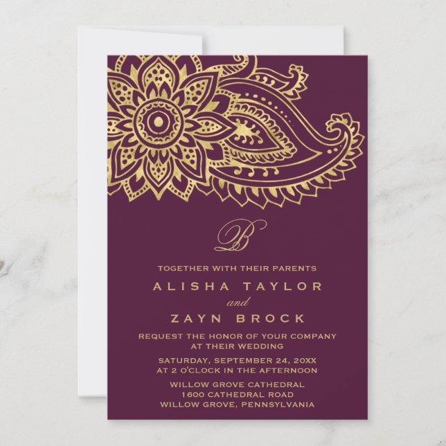 Gold Indian Paisley Wedding Invitation (Front)