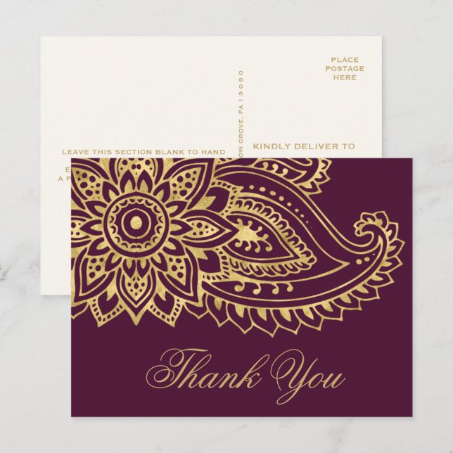 Gold Indian Paisley Wedding Thank You Postcard (Front/Back)