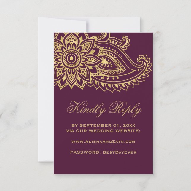 Gold Indian Paisley Wedding Website RSVP Card (Front)