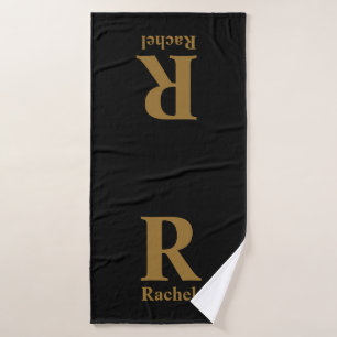 Gold Initial/First/Family Name On Black Bath Towel