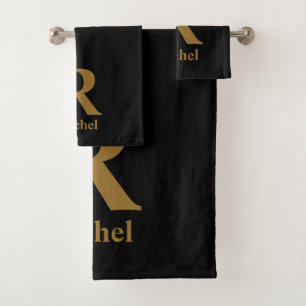 Gold Initial/First/Family Name On Black Bath Towel Set