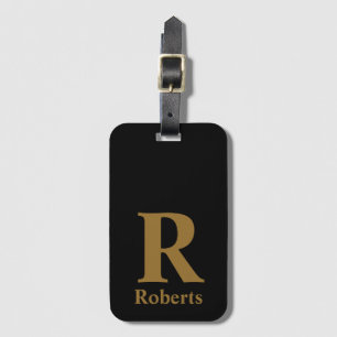Gold Initial/First/Family Name On Black Luggage Tag