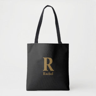 Gold Initial/First/Family Name On Black Tote Bag