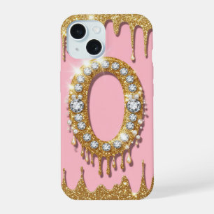 Gold Initial Letter O Diamond Pink Gift For Girl iPhone 15 Case