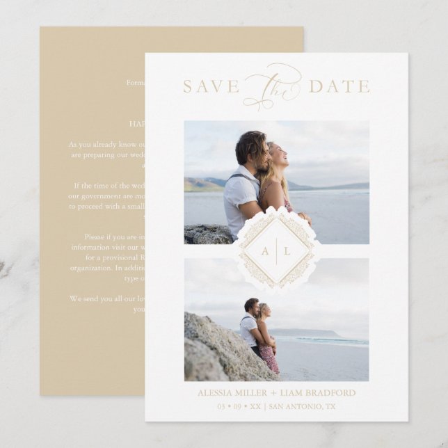 Gold Initials Chic Ornament Sophisticated Wedding Save The Date (Front/Back)