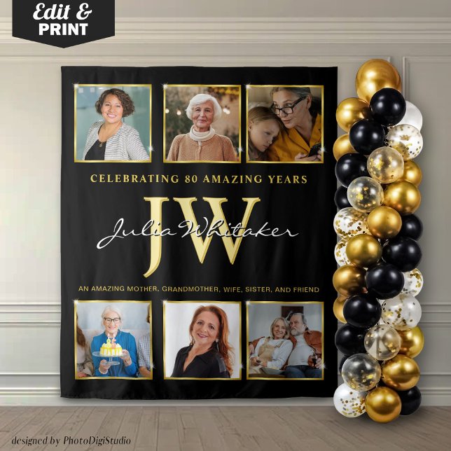 Gold Initials Custom Birthday Backdrop with Photo  Tapestry (Custom 80th Birthday Backdrop, Birthday Party Decor Gold, Personalized Initials and Photo Tapestry)