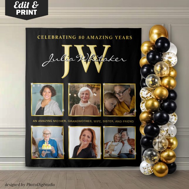 Gold Initials Custom Birthday Backdrop with Photo Tapestry (Custom 80th Birthday Backdrop, Birthday Party Decor Gold, Personalized Initials and Photo Tapestry)