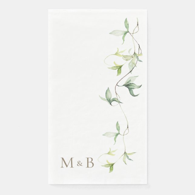 Gold Initials Foliage White Elegant Wedding  Napkin (Front)