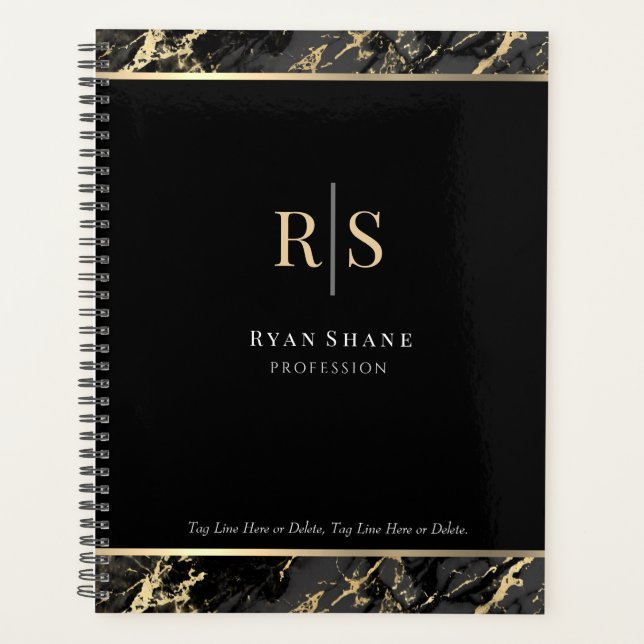 Gold Initials, Name, Black & Gold Marble, Black Planner (Front)