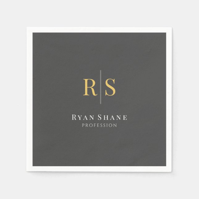 Gold Initials, Name, Profession, Dark Grey Napkin (Front)