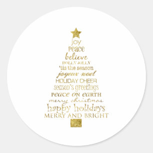 Gold Inspirational Christmas Tree Peace Joy Classic Round Sticker