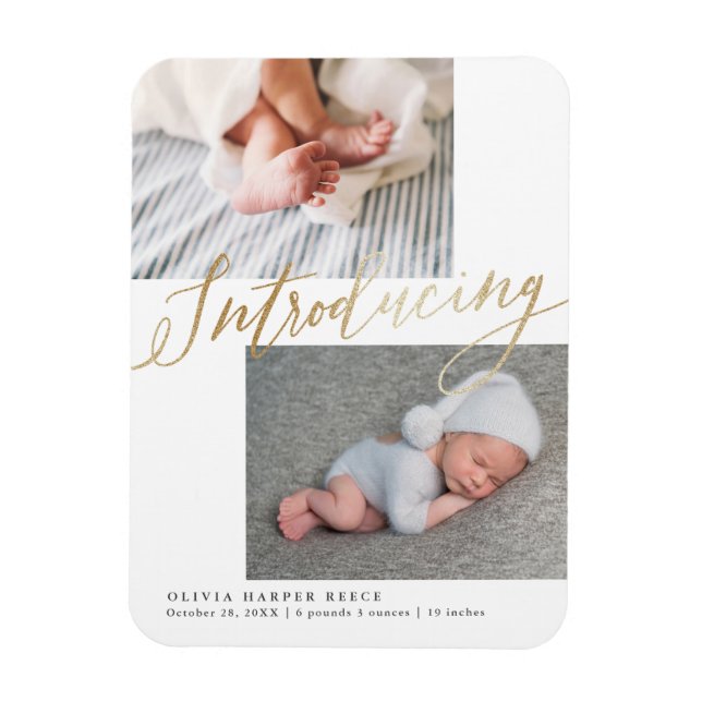 Gold Introducing Multi Photo Birth Announcement Magnet (Vertical)