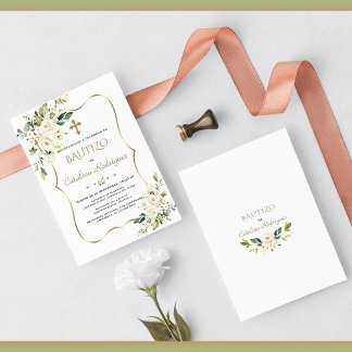 Gold Invitacion De Bautizo Con Flores Baptism Invitation
