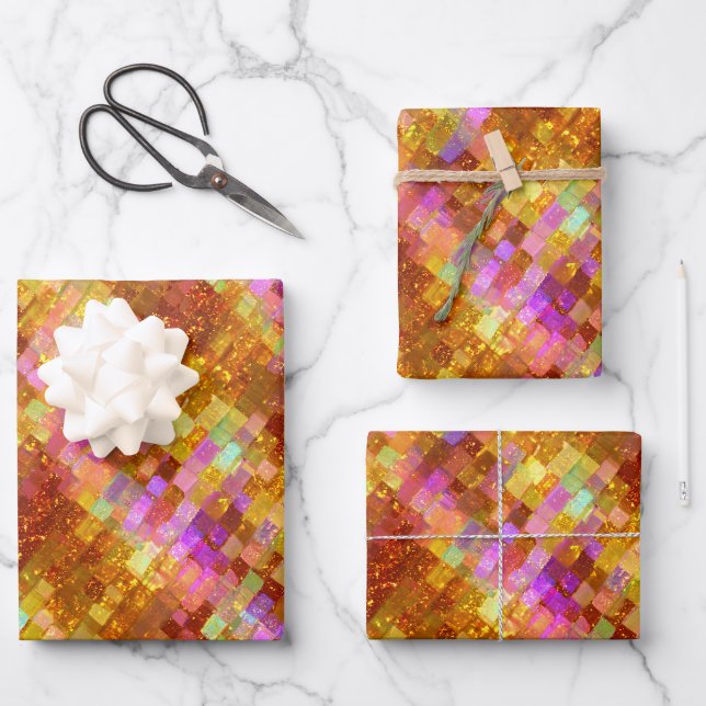 Gold Iridescent Mosaic Pattern Wrapping Paper Sheet (Front)