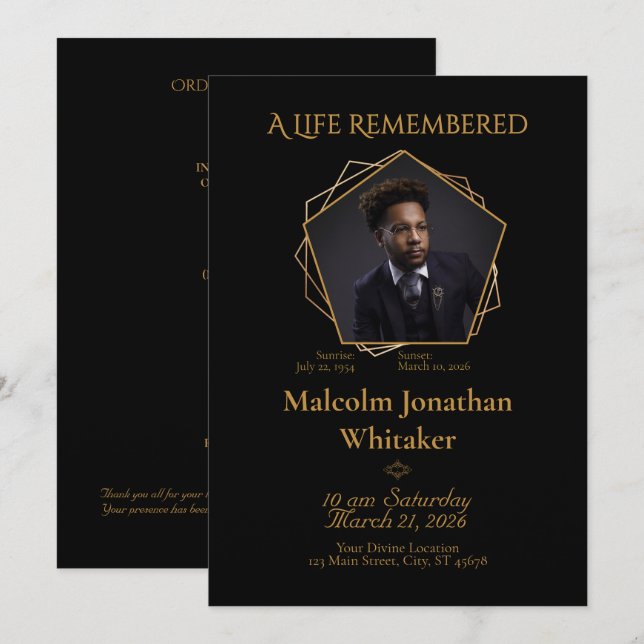 Gold-ish Tone Black Funeral Program Invitation (Front/Back)