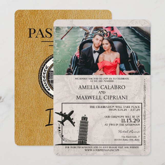 Gold Italy Passport Wedding Invitation (Front/Back)