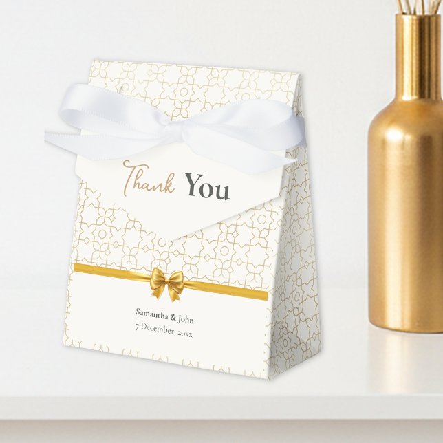 Gold & Ivory Art Deco Pattern with Bow Wedding Favour Box (Gold & Ivory Geometric Art Deco Wedding Favor Boxes)