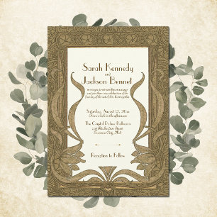 Gold Ivory Art Nouveau Elegant Wedding Invitation