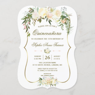 Gold Ivory Blush Floral Quinceañera Birthday Invitation