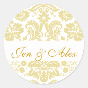 Gold Ivory Bride Groom Damask Wedding Seal Sticker