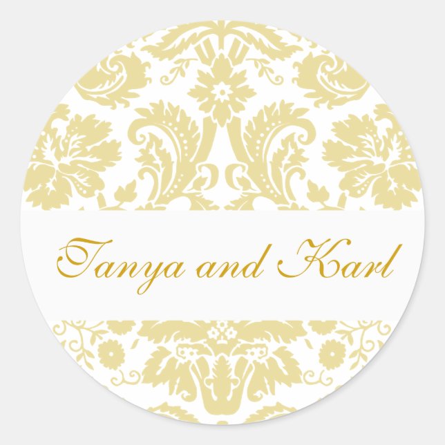 Gold Ivory Bride Groom Damask Wedding Seal Sticker (Front)