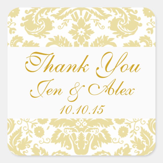 Gold Ivory Damask Wedding Favour Square Sticker (Front)