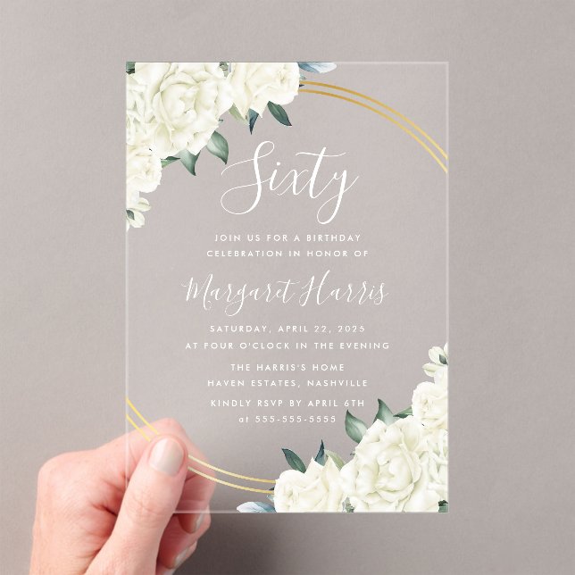 Gold Ivory Floral Greenery 60th Sixty Birthday Acrylic Invitations (Insitu (Handheld))