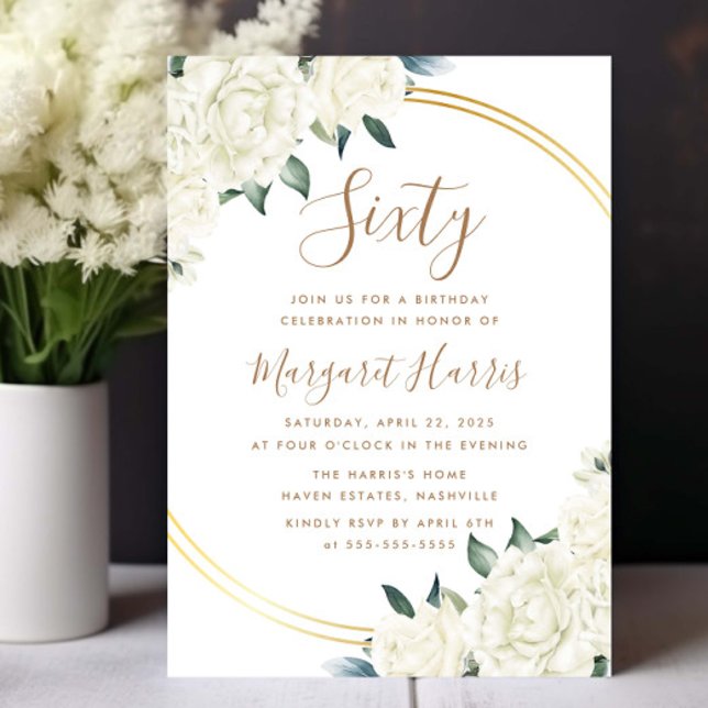 Gold Ivory Floral Greenery 60th Sixty Birthday Invitation (Creator Uploaded)